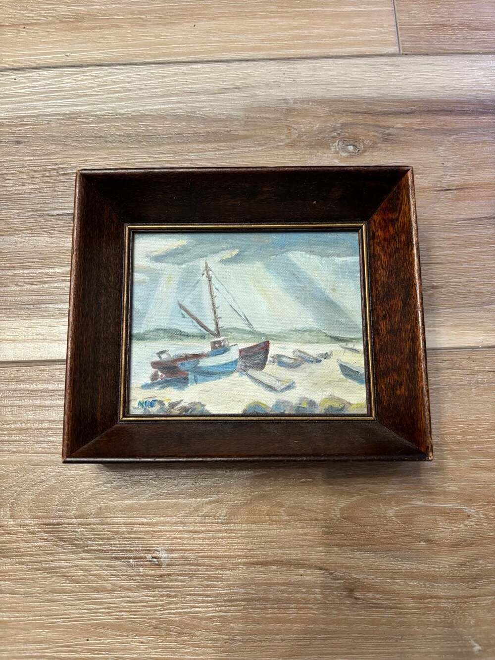 Vintage Small Framed Nautical Seascape Oil Painting with Boats